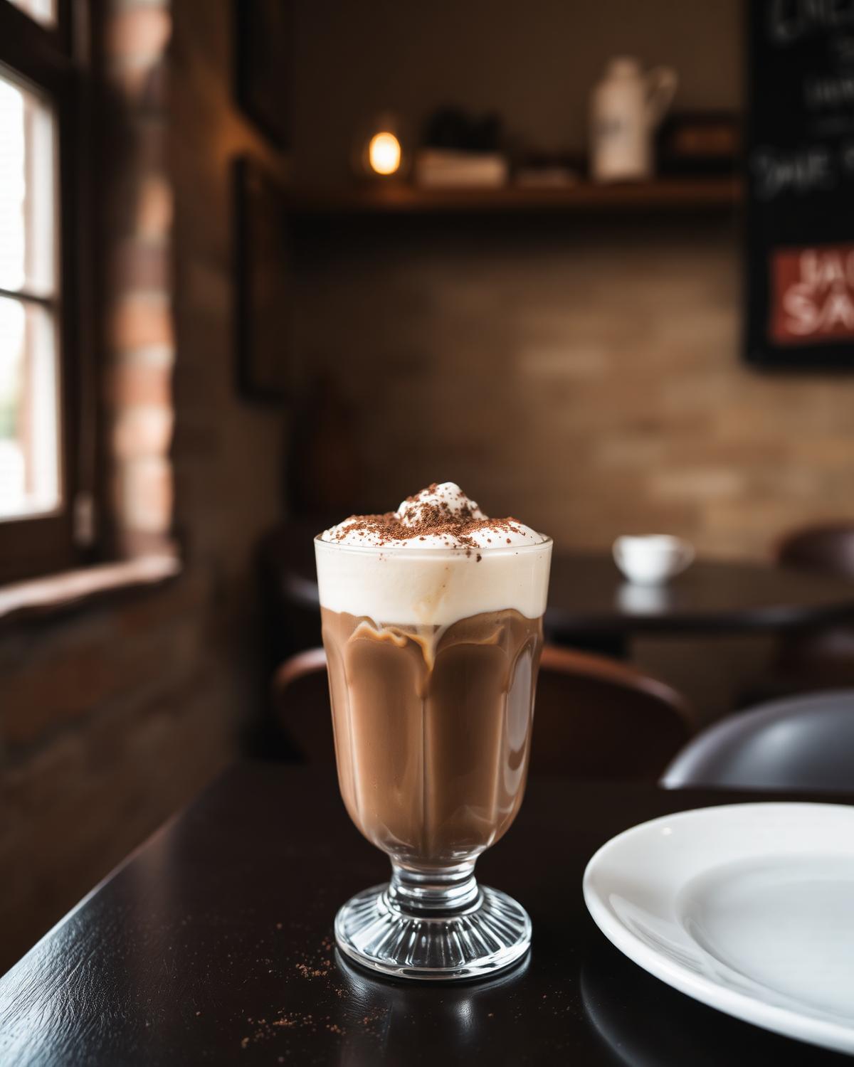 Iced cacao mocha topped with cocoa-dusted foam in a fluted glass
