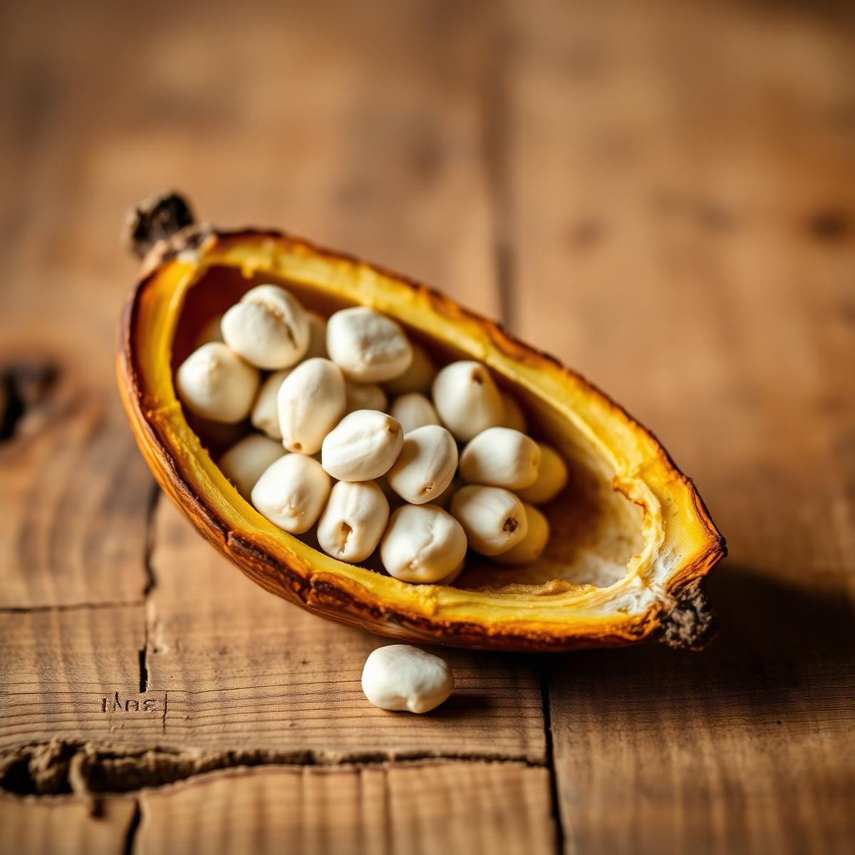 Open cacao pod with white pulp-covered beans