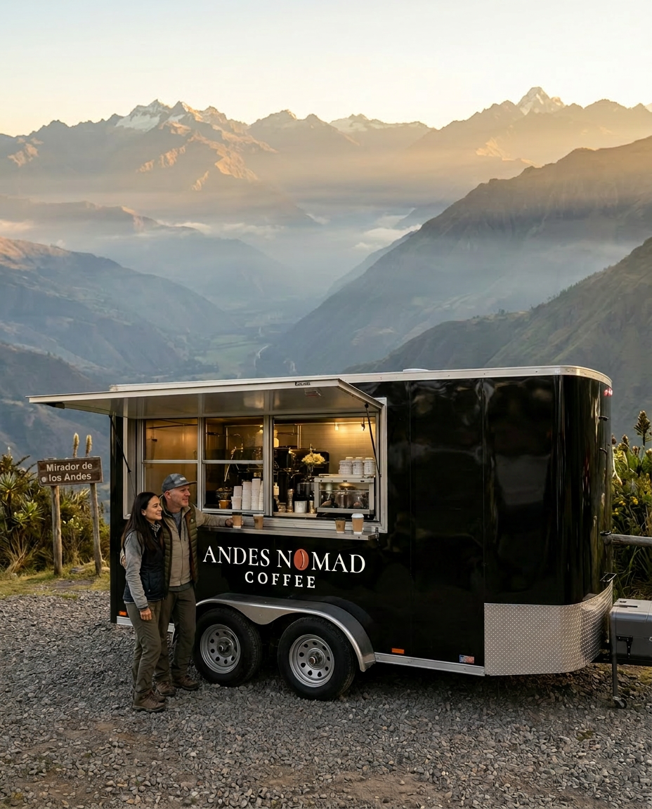 Janneth and Michael at a mountain overlook with the trailer
