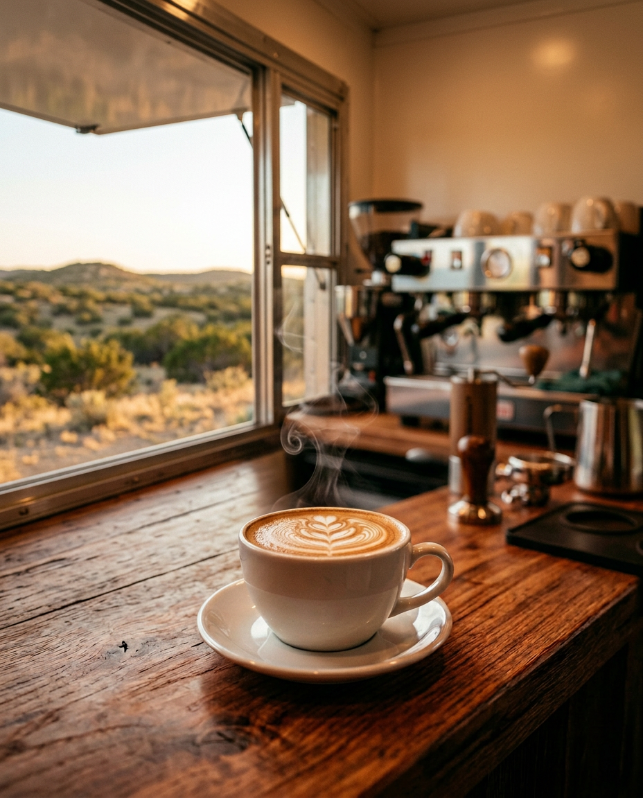A barista pulling an espresso shot inside the trailer