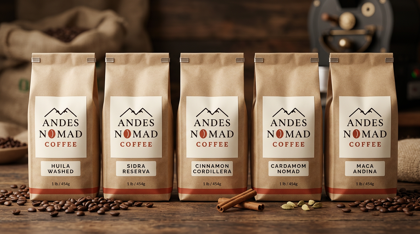 Lineup of Andes Nomad Coffee 1lb kraft paper bags in different flavors