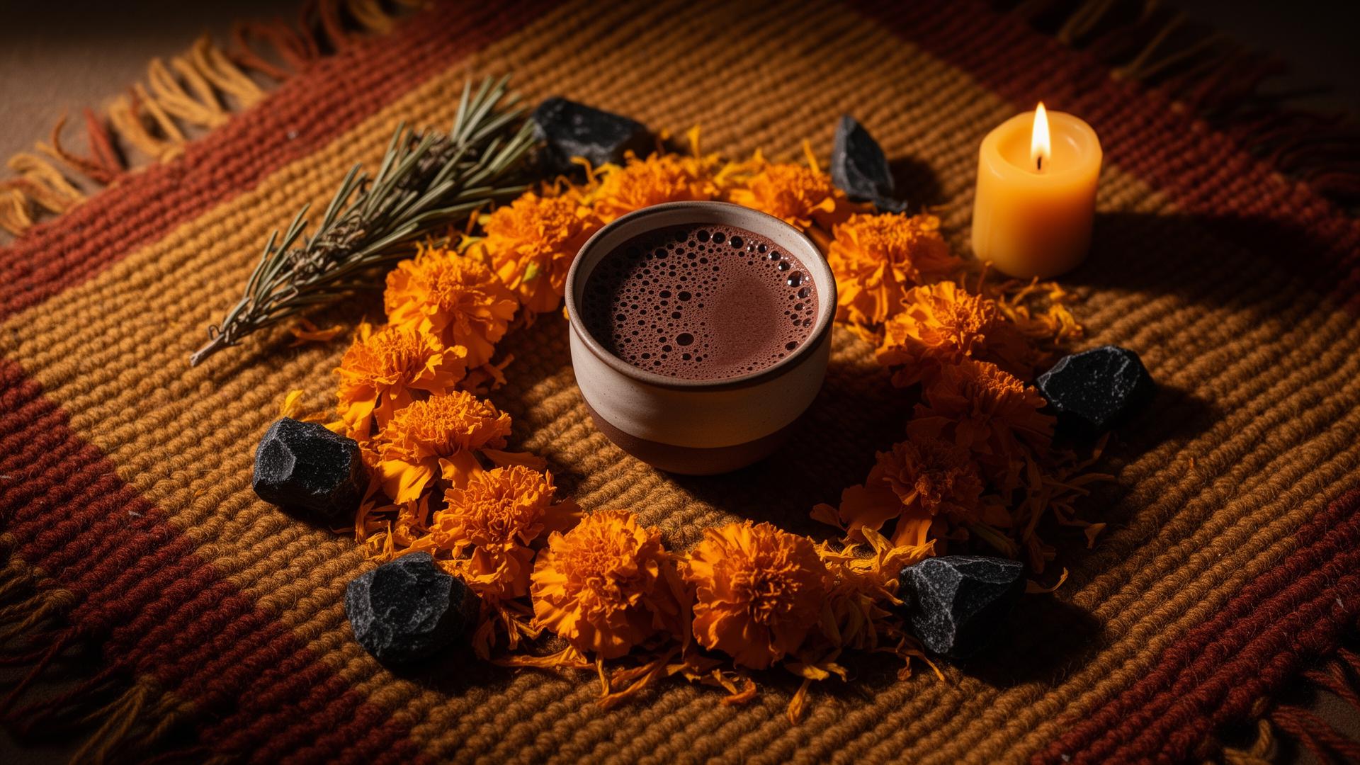A small ceremonial altar with a cup of cacao at center, surrounded by marigolds, obsidian stones, dried rosemary, and a candle