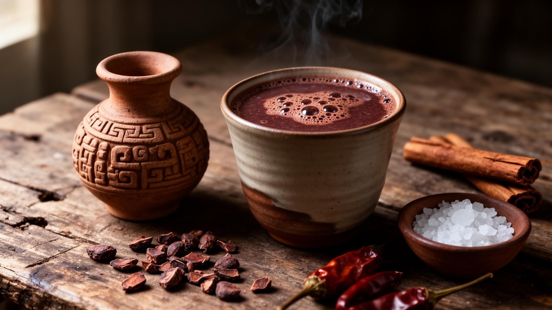A hand-thrown ceramic cup of frothy dark cacao on a wooden table, beside cacao nibs, dried chilies, sea salt, cinnamon, and a small Maya-style clay vessel