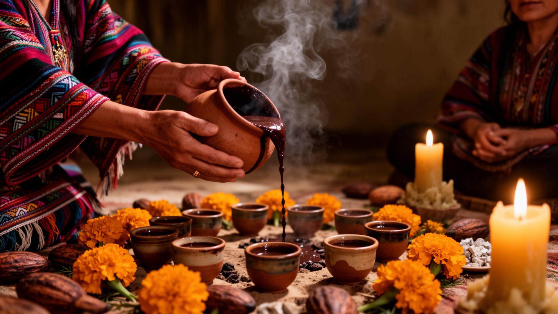 A curandera in traditional Andean textiles pouring thick dark cacao into ceramic cups arranged in a circle on an altar