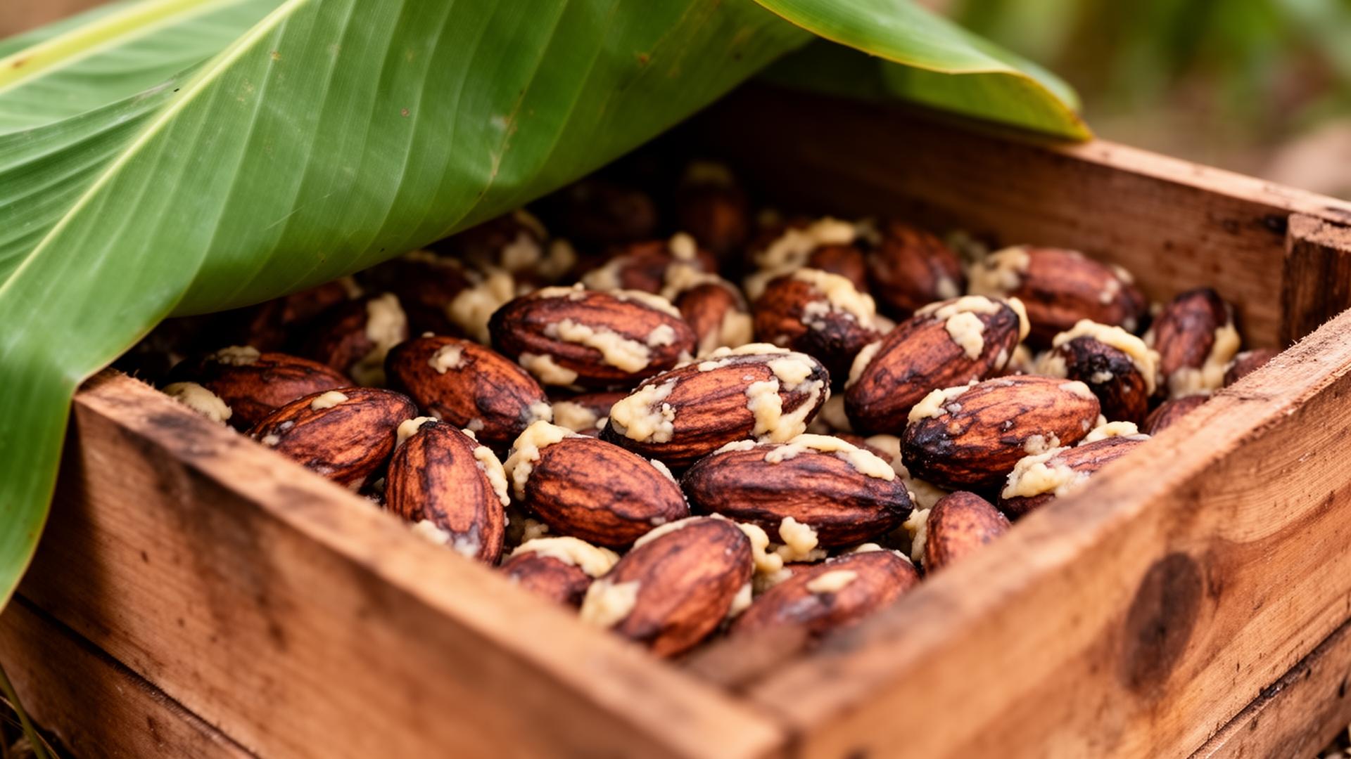 Cacao beans fermenting in a cedar wooden box under banana leaves, beans coated in cream-colored pulp residue