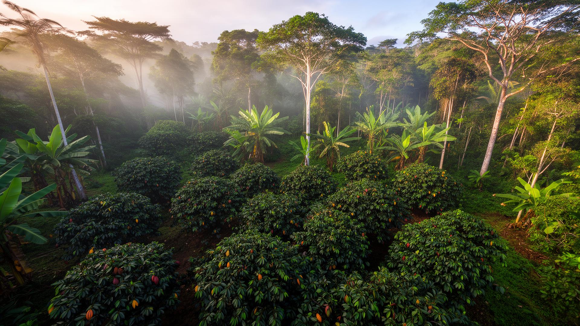 Cacao trees growing under a mixed canopy of banana and hardwood shade trees in the Ecuadorian Amazon at dawn, mist rising over the green forest
