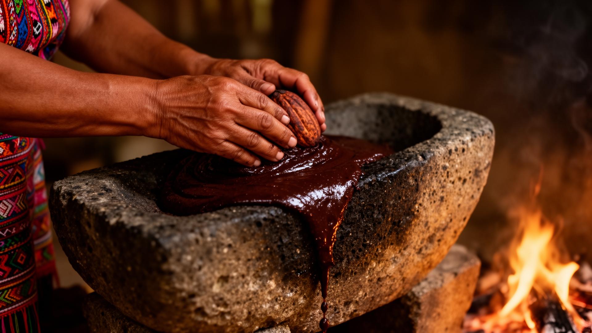 Hands of a Maya woman grinding roasted cacao on a volcanic stone metate beside an open fire, dark cacao paste flowing