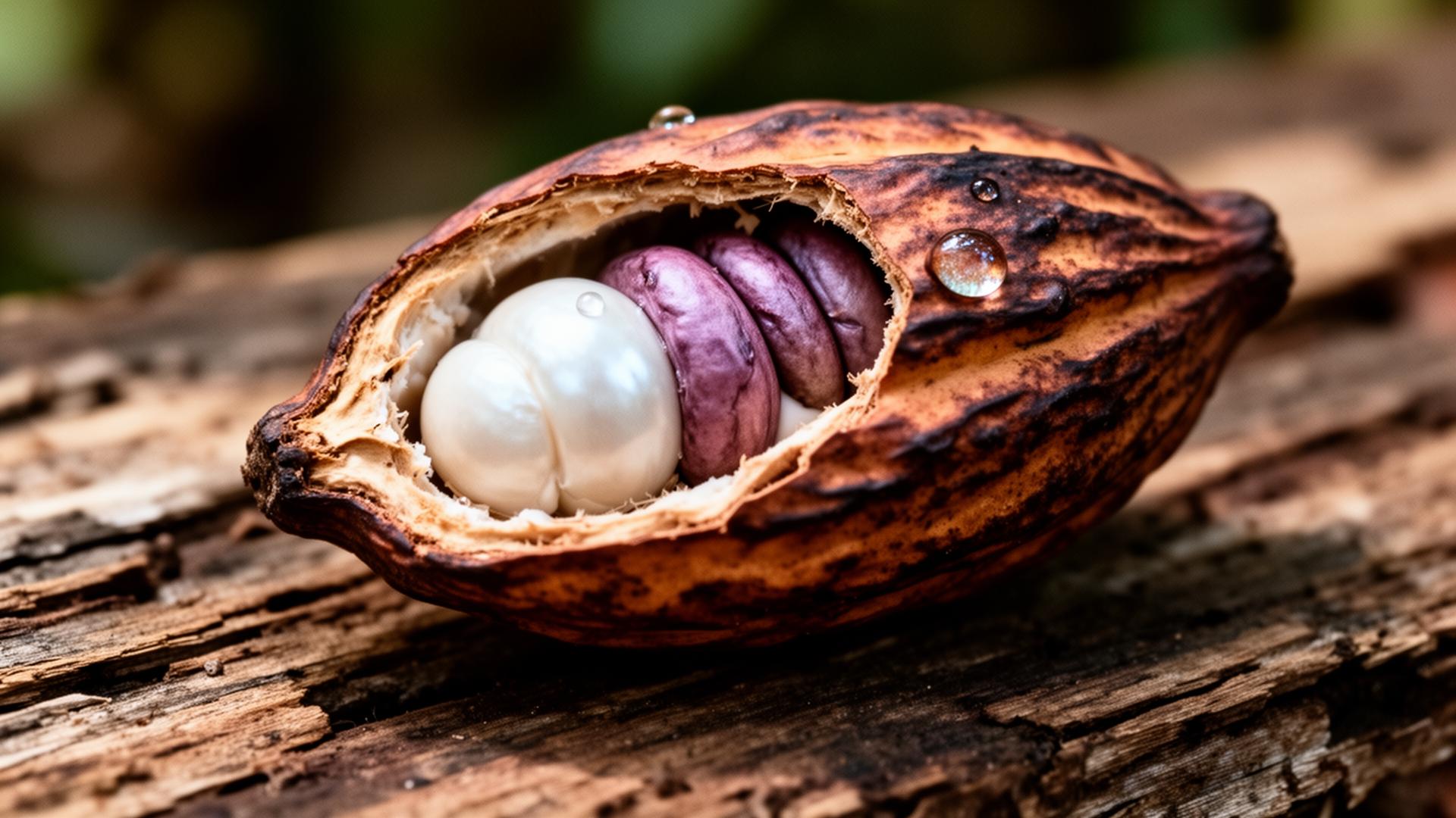 A freshly cracked cacao pod revealing pearl-white pulp around the beans