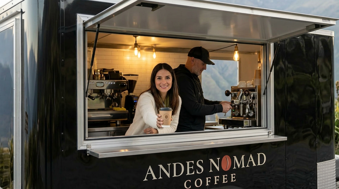 Janneth handing a coffee through the window while Michael pulls an espresso shot