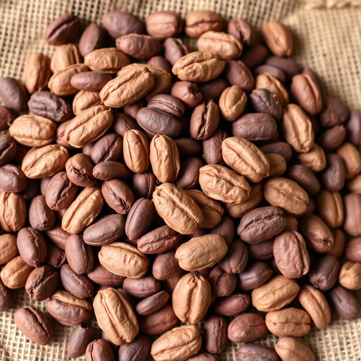 Pile of dried unroasted cacao beans on burlap